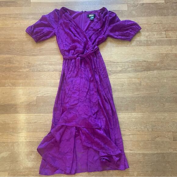 DKNY purple short sleeve tie waist lined midi dress size 2 b9 - Picture 1 of 4